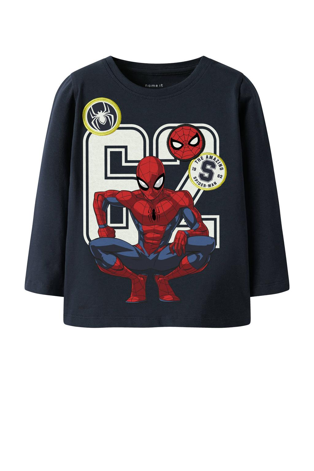 Donkerblauwe jongens NAME IT MINI Spider-Man longsleeve van stretchkatoen met printopdruk, lange mouwen en ronde hals