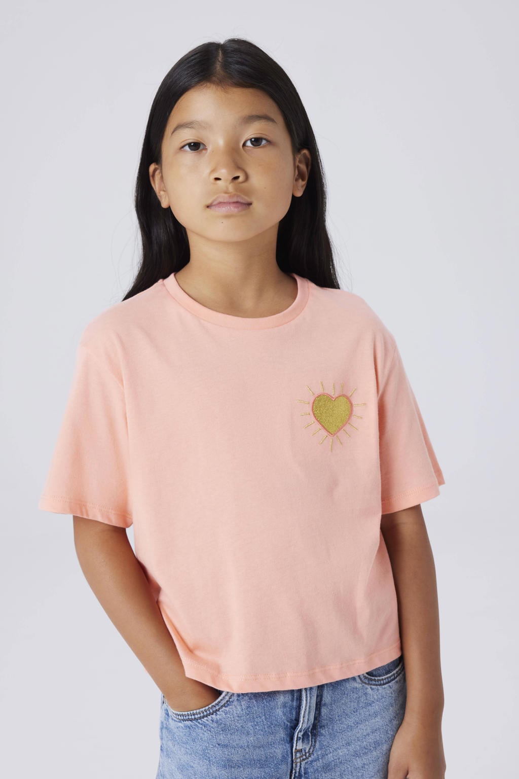 Zalmkleurige meisjes NAME IT KIDS T-shirt van katoen met effen, korte mouwen en ronde hals