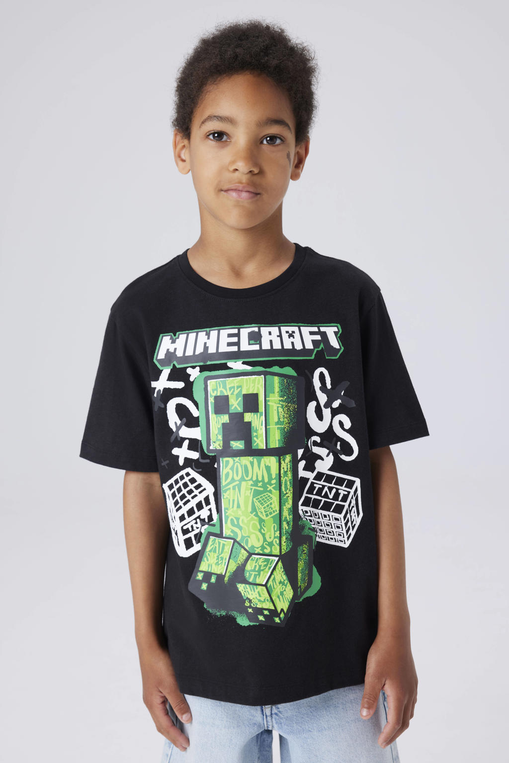 Zwarte jongens NAME IT KIDS Minecraft T-shirt van katoen met printopdruk, korte mouwen en ronde hals