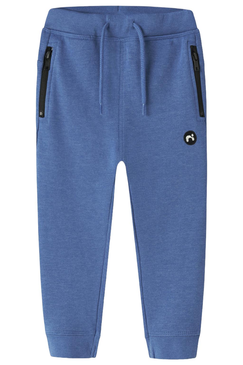 Blauwe jongens NAME IT MINI slim fit joggingbroek van katoen met elastische tailleband met koord en effen