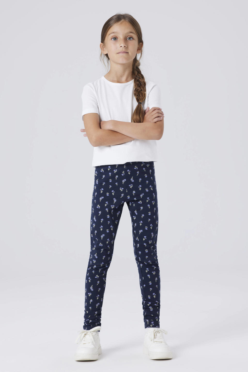 Donkerblauwe meisjes NAME IT KIDS slim gebloemde legging van stretchkatoen met elastische tailleband