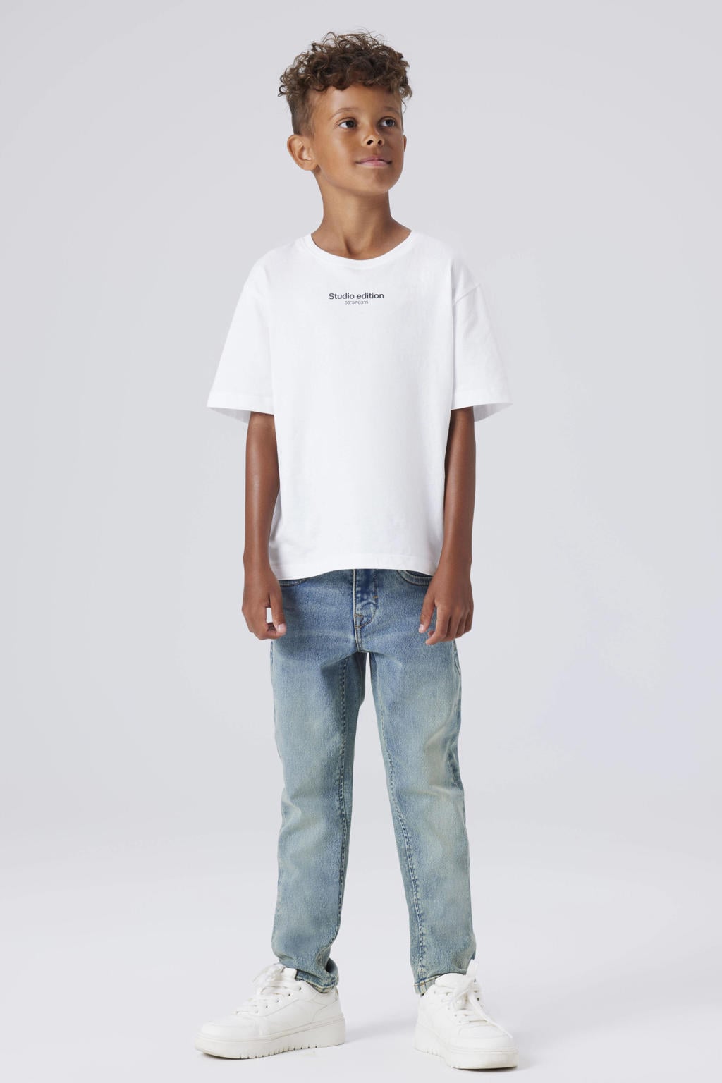Medium blue denim jongens NAME IT KIDS slim fit jeans vintage van stretchkatoen met regular waist en effen