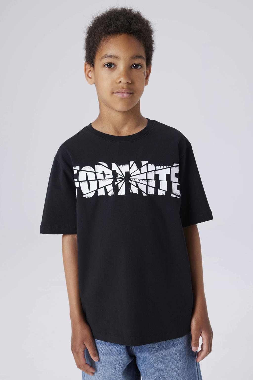 Zwarte jongens NAME IT KIDS Fortnite T-shirt van stretchkatoen met tekst print, korte mouwen en ronde hals