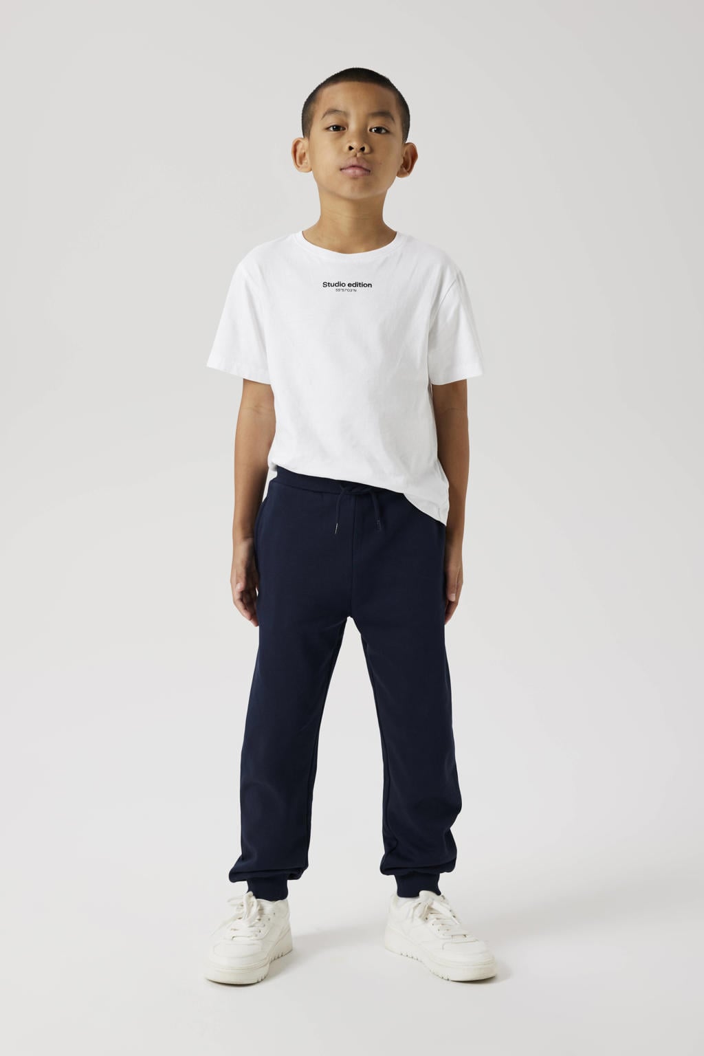 Donkerblauwe jongens NAME IT KIDS casual broek van katoen met elastische tailleband met koord en effen