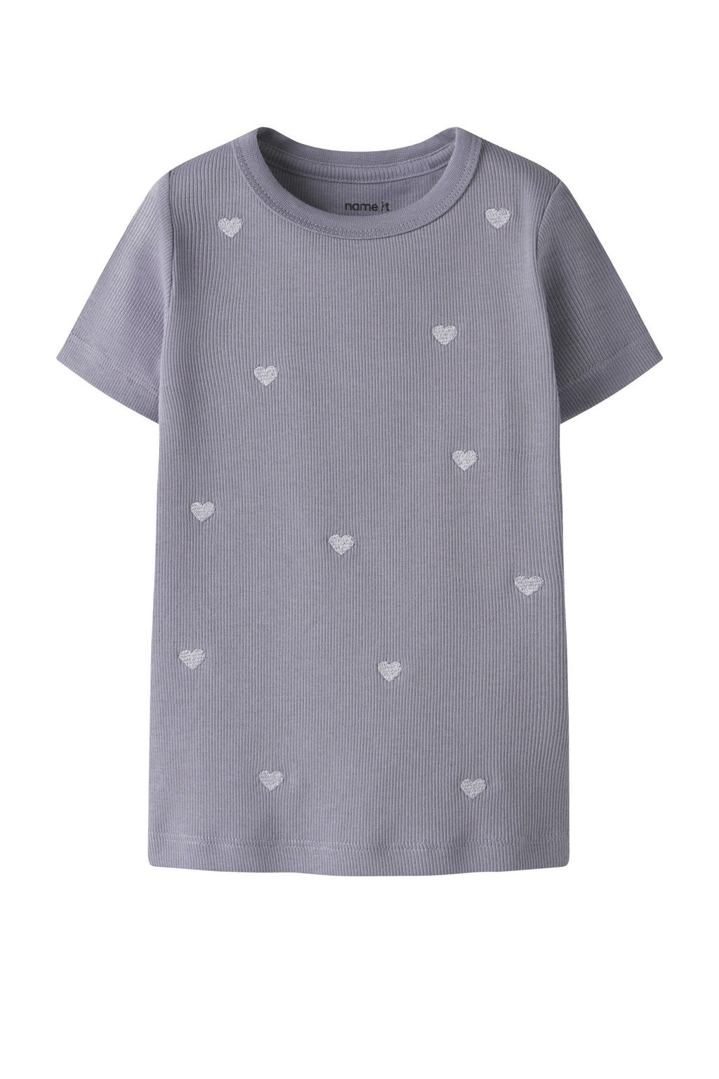 Paarse meisjes NAME IT MINI T-shirt van stretchkatoen met hartjesprint, korte mouwen, ronde hals en borduursels