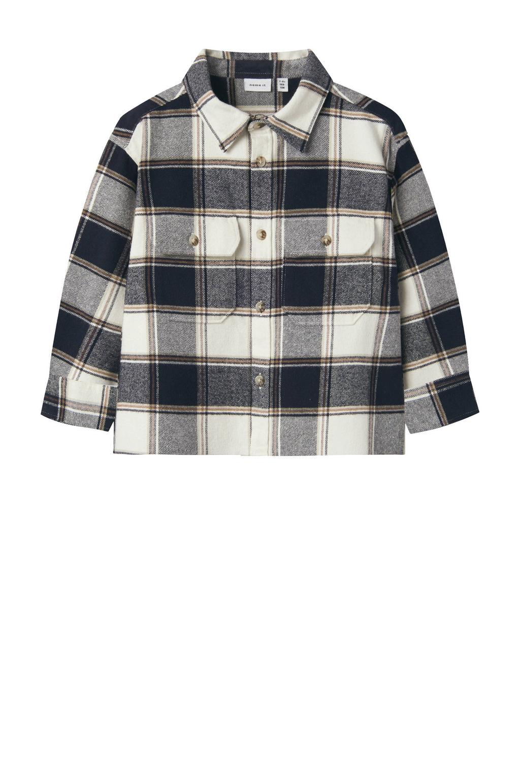 Donkerblauw en bruine jongens NAME IT MINI geruit overshirt van katoen met lange mouwen, klassieke kraag, knoopsluiting en geweven detail