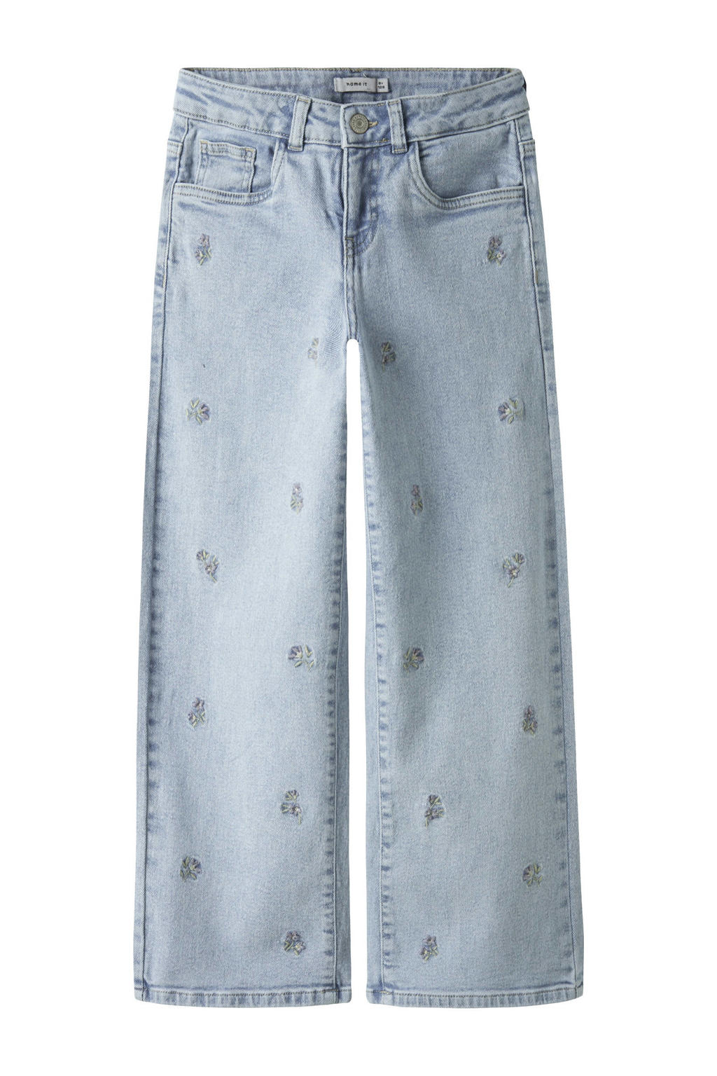 Light blue denim meisjes NAME IT KIDS gebloemde wide leg jeans van stretchdenim met rits- en haaksluiting