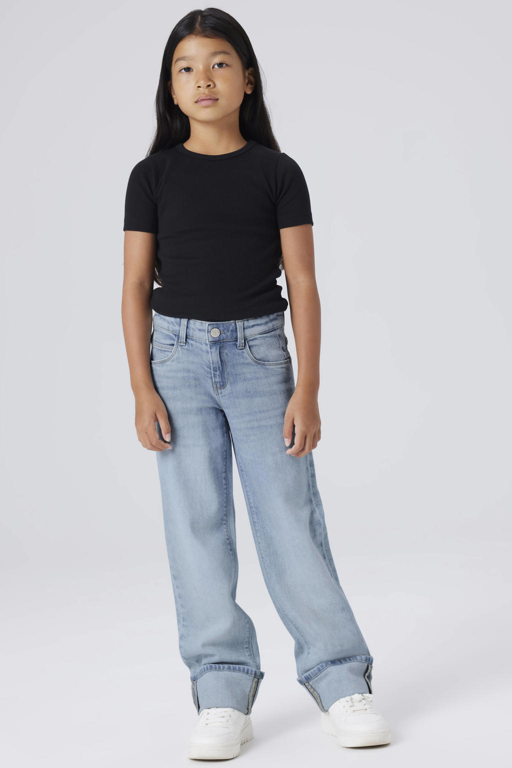 Light blue denim meisjes NAME IT KIDS straight leg jeans van katoen met rits- en knoopsluiting en effen