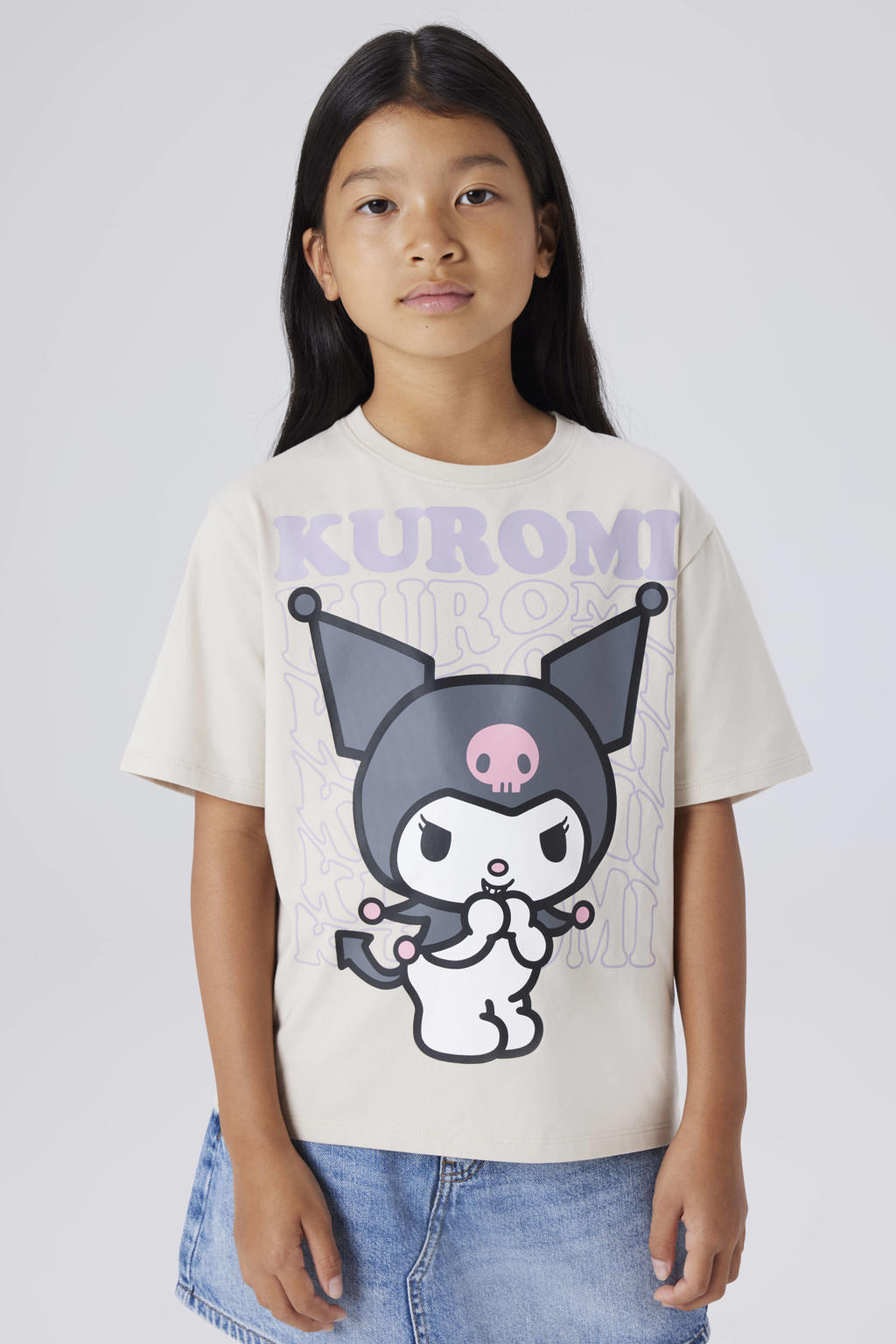 Grijze meisjes NAME IT KIDS Hello Kitty T-shirt van stretchkatoen met printopdruk, korte mouwen en ronde hals