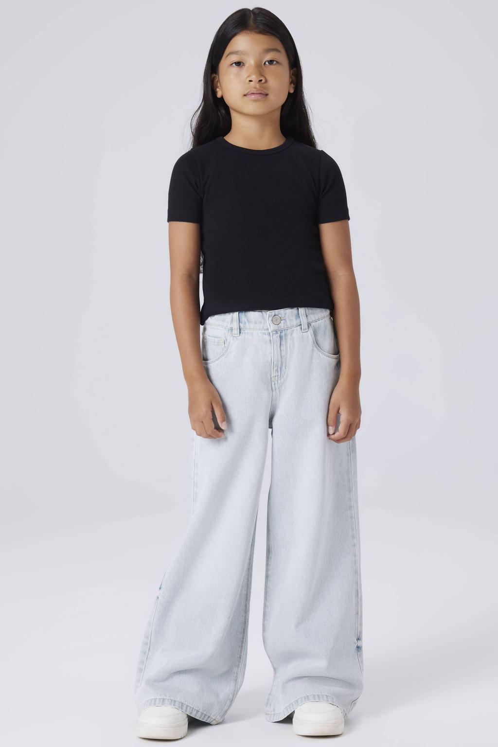 Light blue denim meisjes NAME IT KIDS wide leg jeans van denim met rits- en knoopsluiting