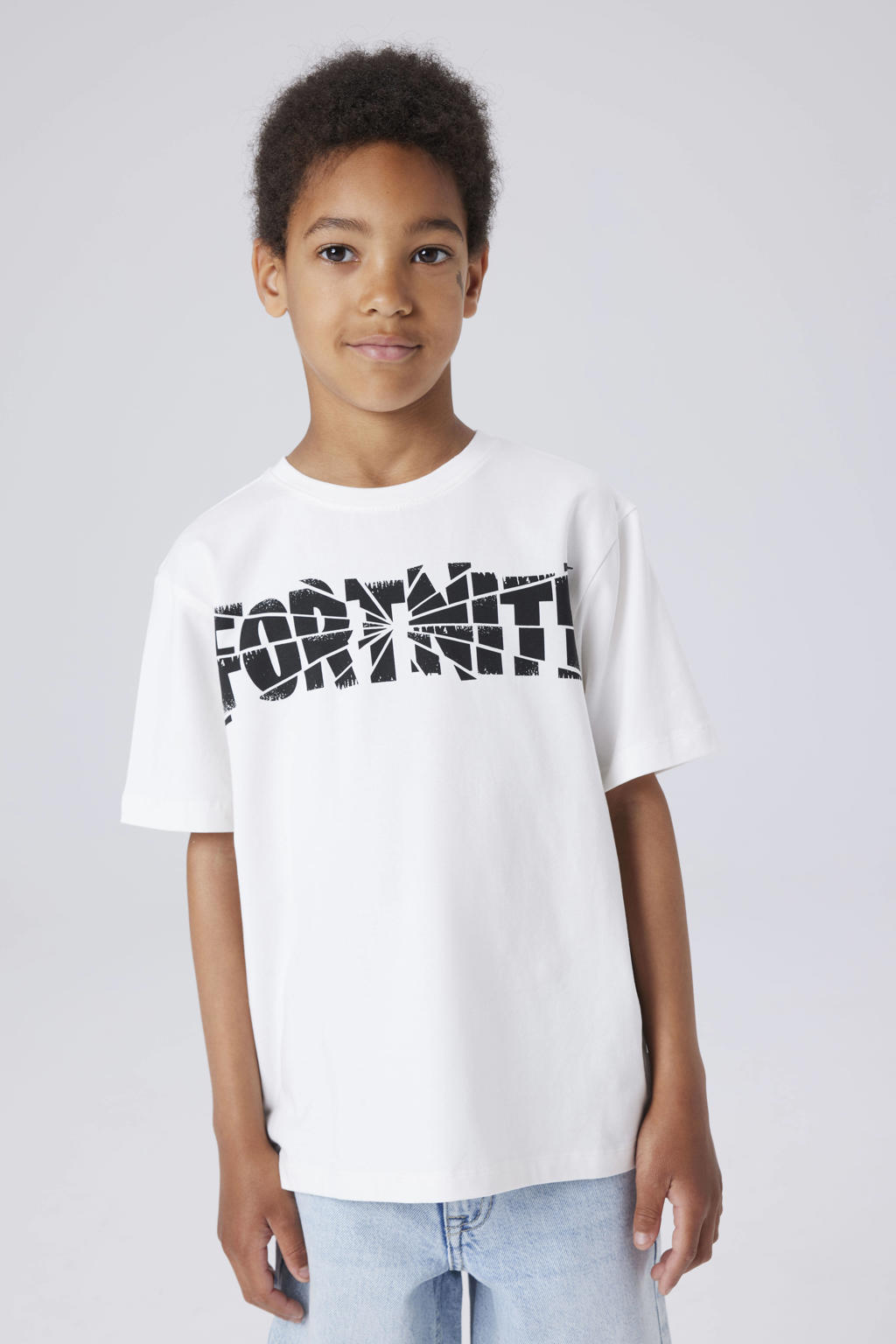 Witte jongens NAME IT KIDS Fortnite T-shirt van stretchkatoen met tekst print, korte mouwen en ronde hals