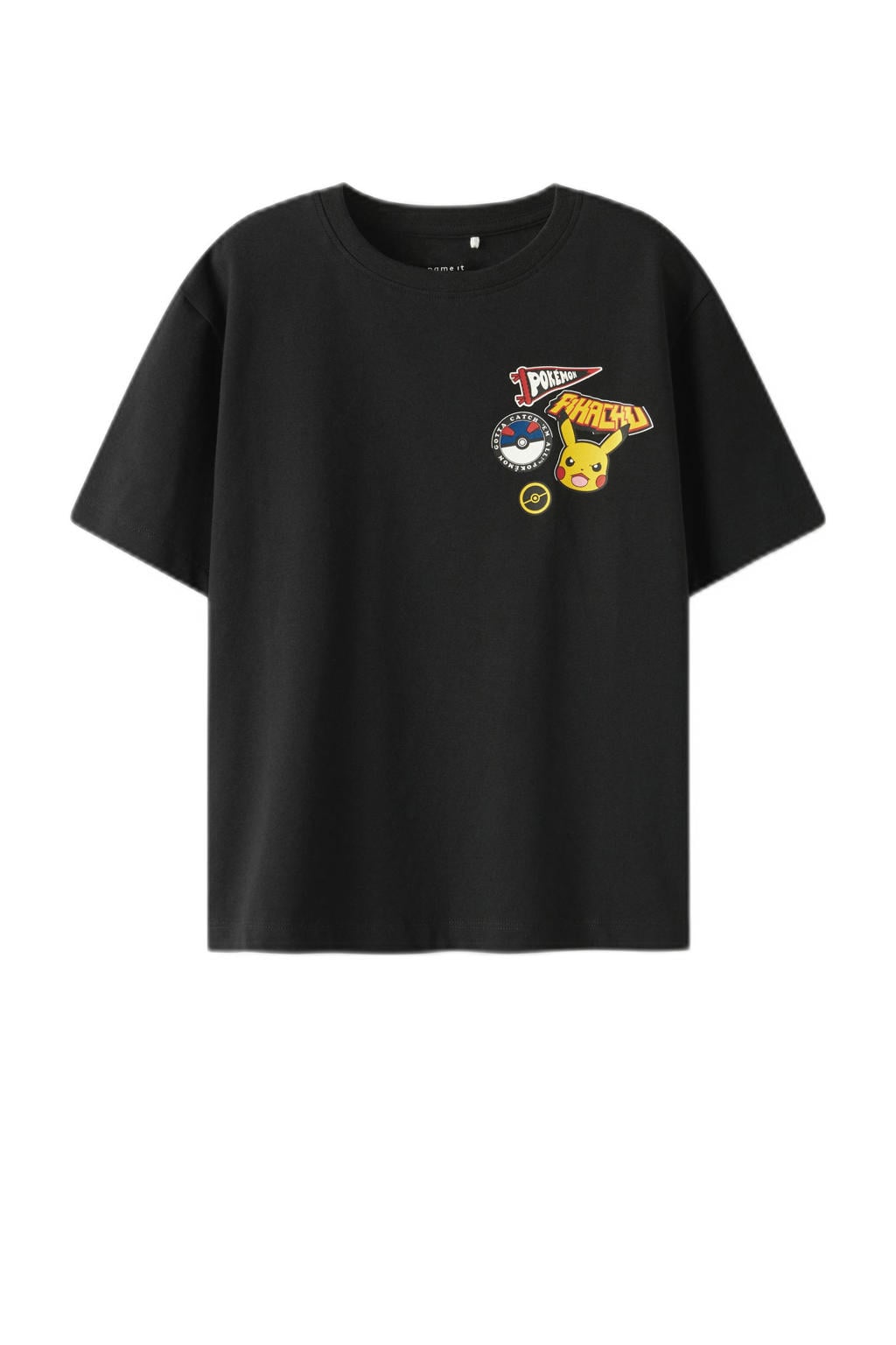 Zwarte jongens NAME IT KIDS Pokemon T-shirt van stretchkatoen met personage print, korte mouwen en ronde hals