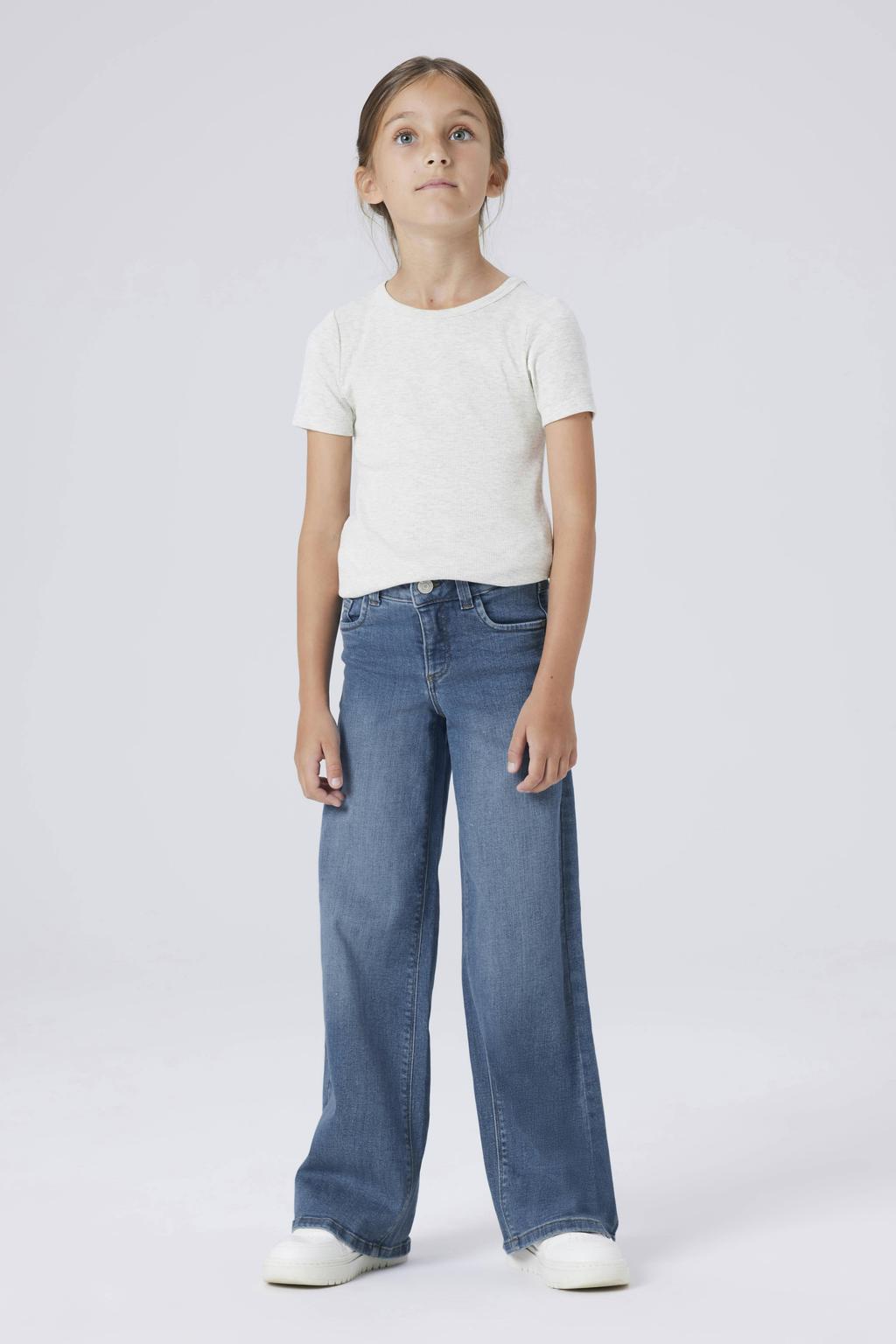 Medium blue denim meisjes NAME IT KIDS wide leg jeans Medium blue van denim met rits- en haaksluiting en effen