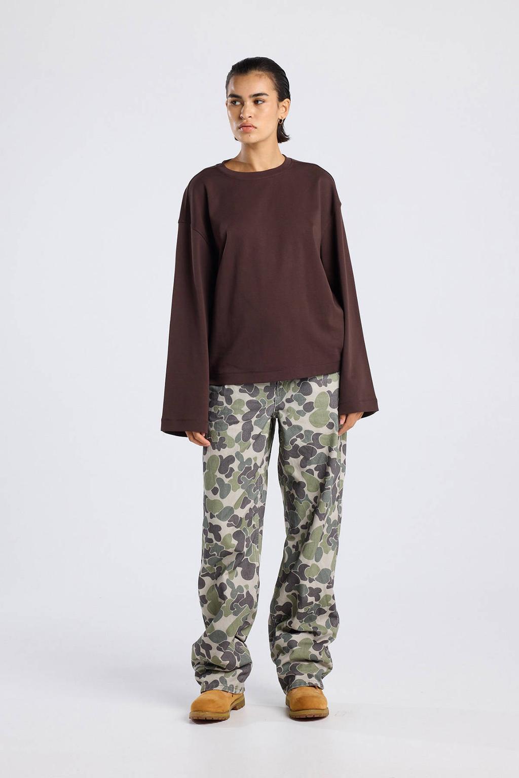 Donkerblauwe dames America Today longsleeve van katoen met effen, lange mouwen en ronde hals