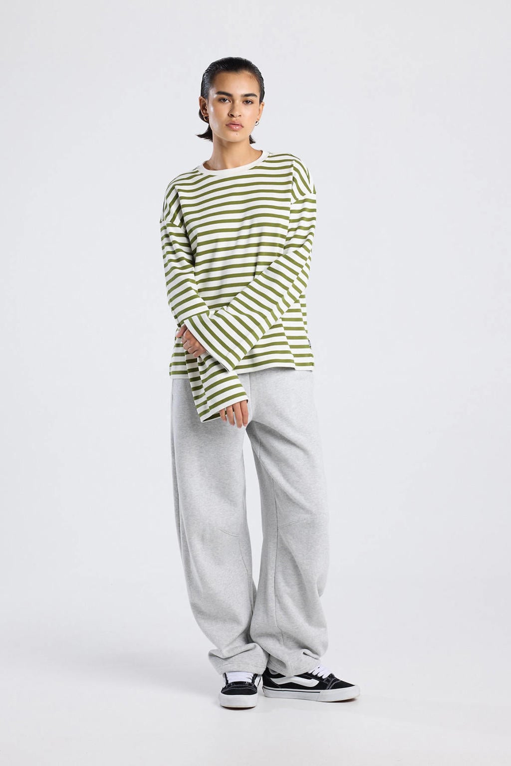 Olijfgroen en ecru dames America Today longsleeve van katoen met strepenprint, lange mouwen en ronde hals