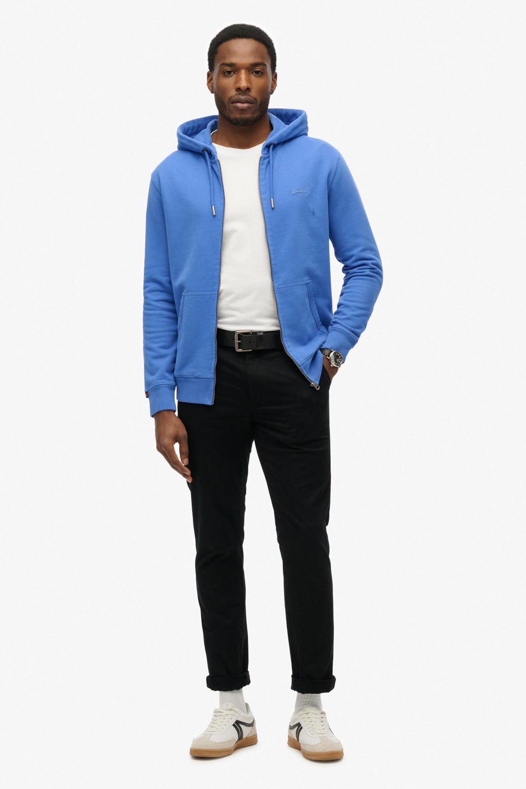 Blauwe heren Superdry sweatvest met effen, lange mouwen, capuchon en ritssluiting