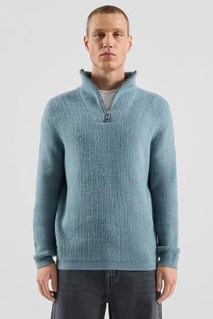 trui met wol rib gebreid blauw