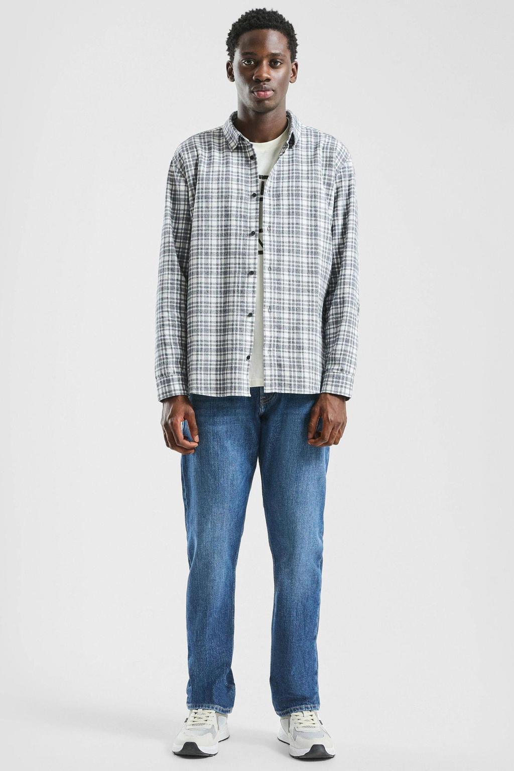 Grijze heren QS Regular geruit casual overhemd van katoen met lange mouwen, klassieke kraag en knoopsluiting