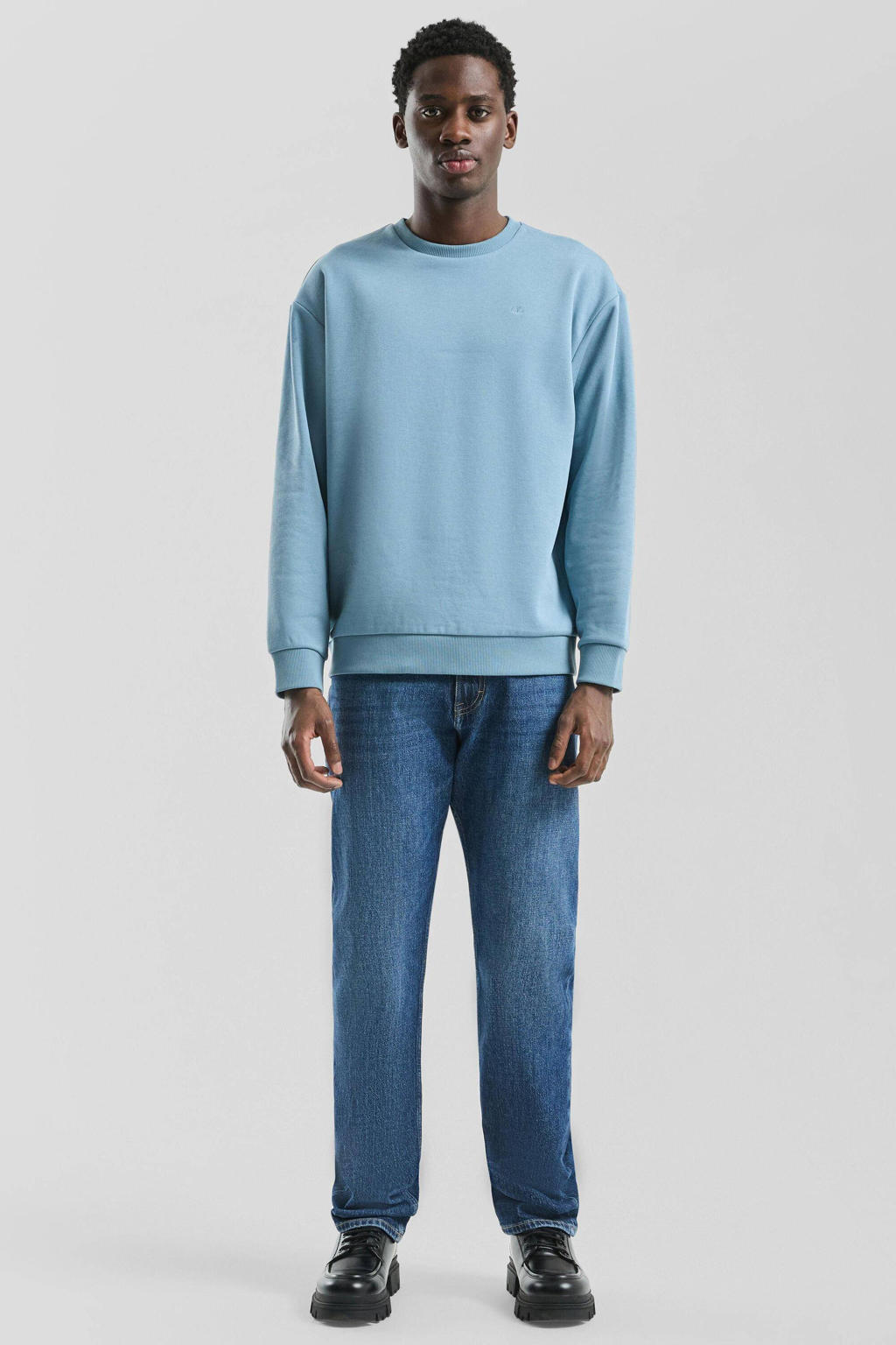 Blauwe heren QS sweater met effen, lange mouwen, ronde hals en geribde boorden