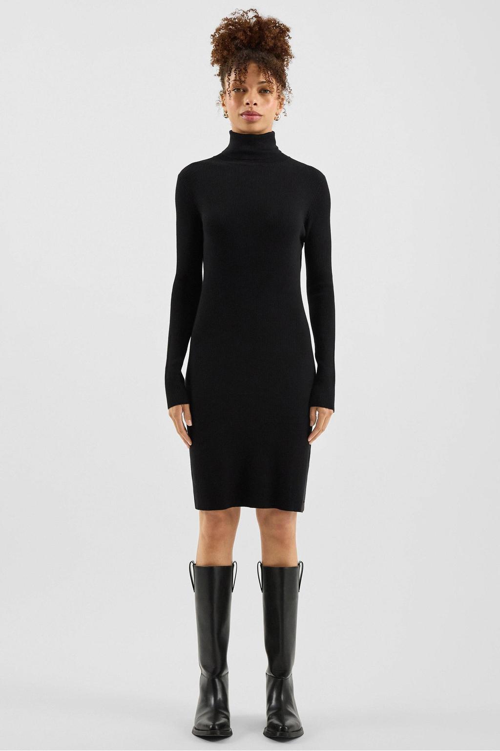 Zwarte dames QS jurk van viscose met effen, lange mouwen en col