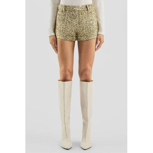 QS rechtvallend regular waist chino short goud met pailletten afbeelding