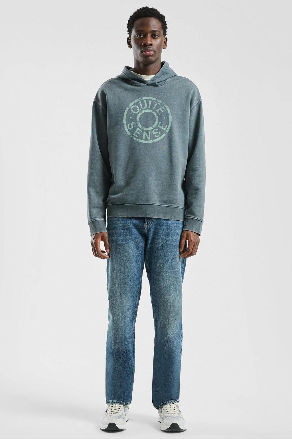 Blauwe heren QS hoodie van sweat materiaal met printopdruk, lange mouwen en capuchon