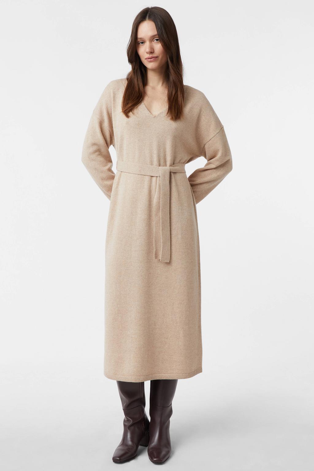 Beige dames comma wollen midi jurk met effen, lange mouwen en V-hals