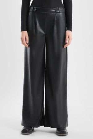 imitatieleren Wide leg regular waist broek zwart