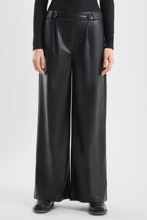 imitatieleren Wide leg regular waist broek zwart