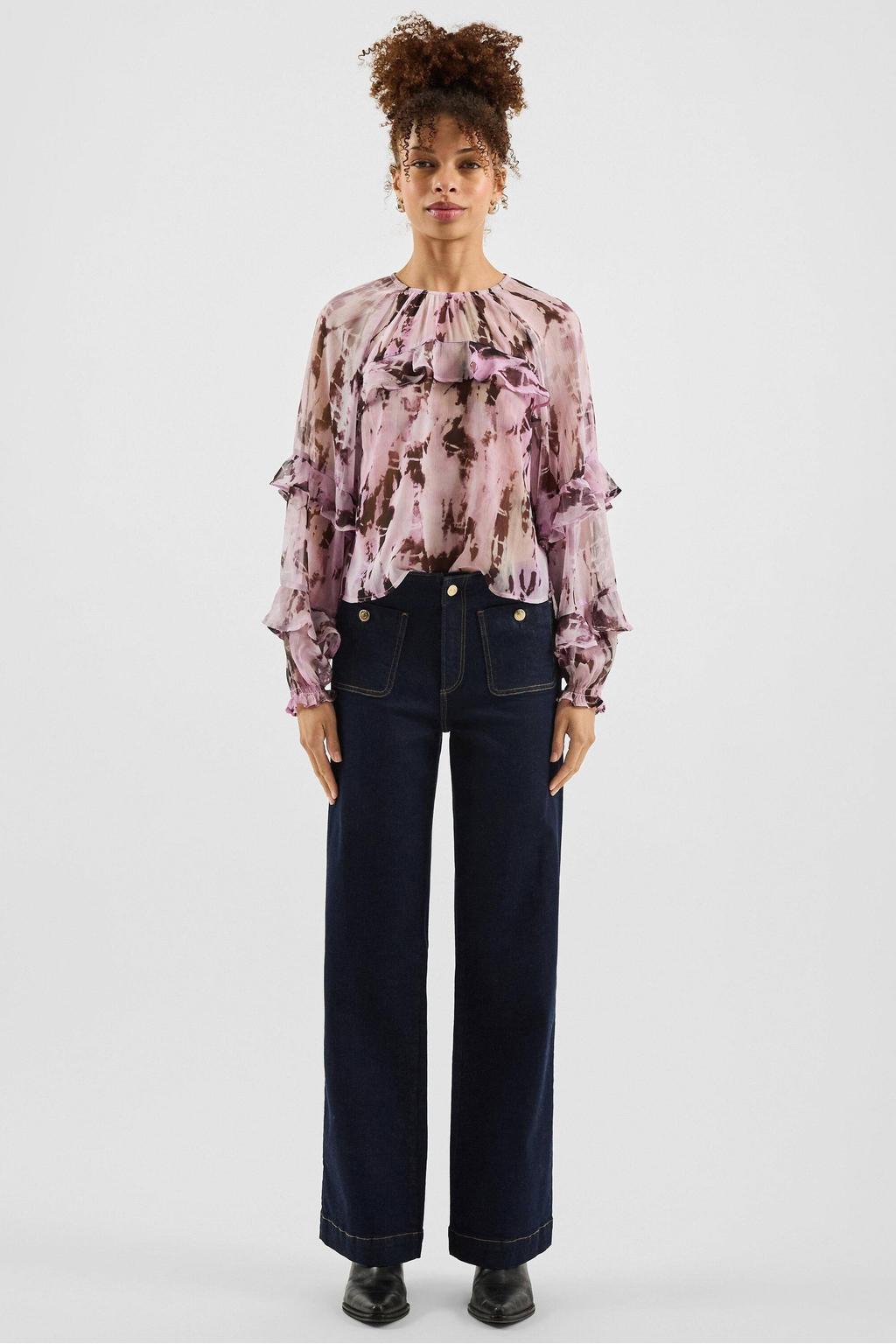 Lilakleurige dames QS top van polyester met lange mouwen, ronde hals en ruches