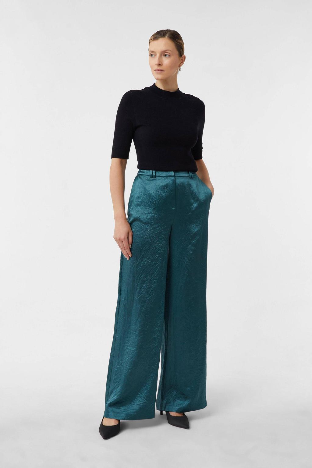 Petrolkleurige dames comma wide leg high waist broek van acetaat met rits- en haaksluiting en effen