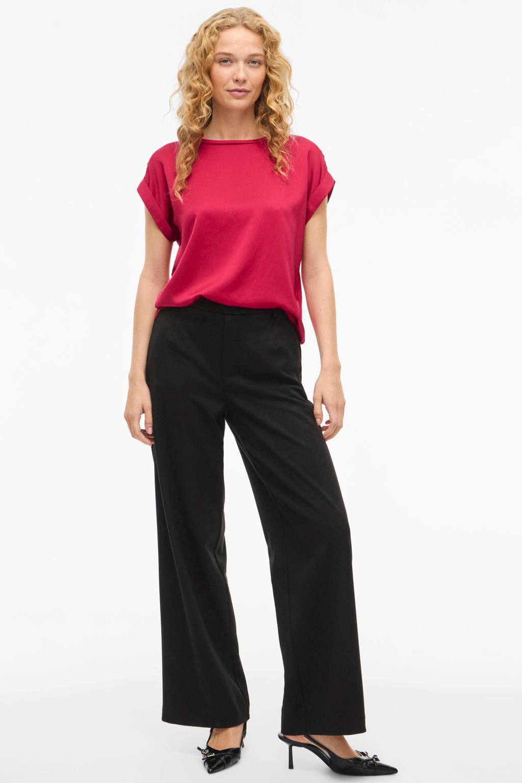 Rode dames VILA satijnen blousetop van polyester met effen, korte mouwen, ronde hals en glimmend detail
