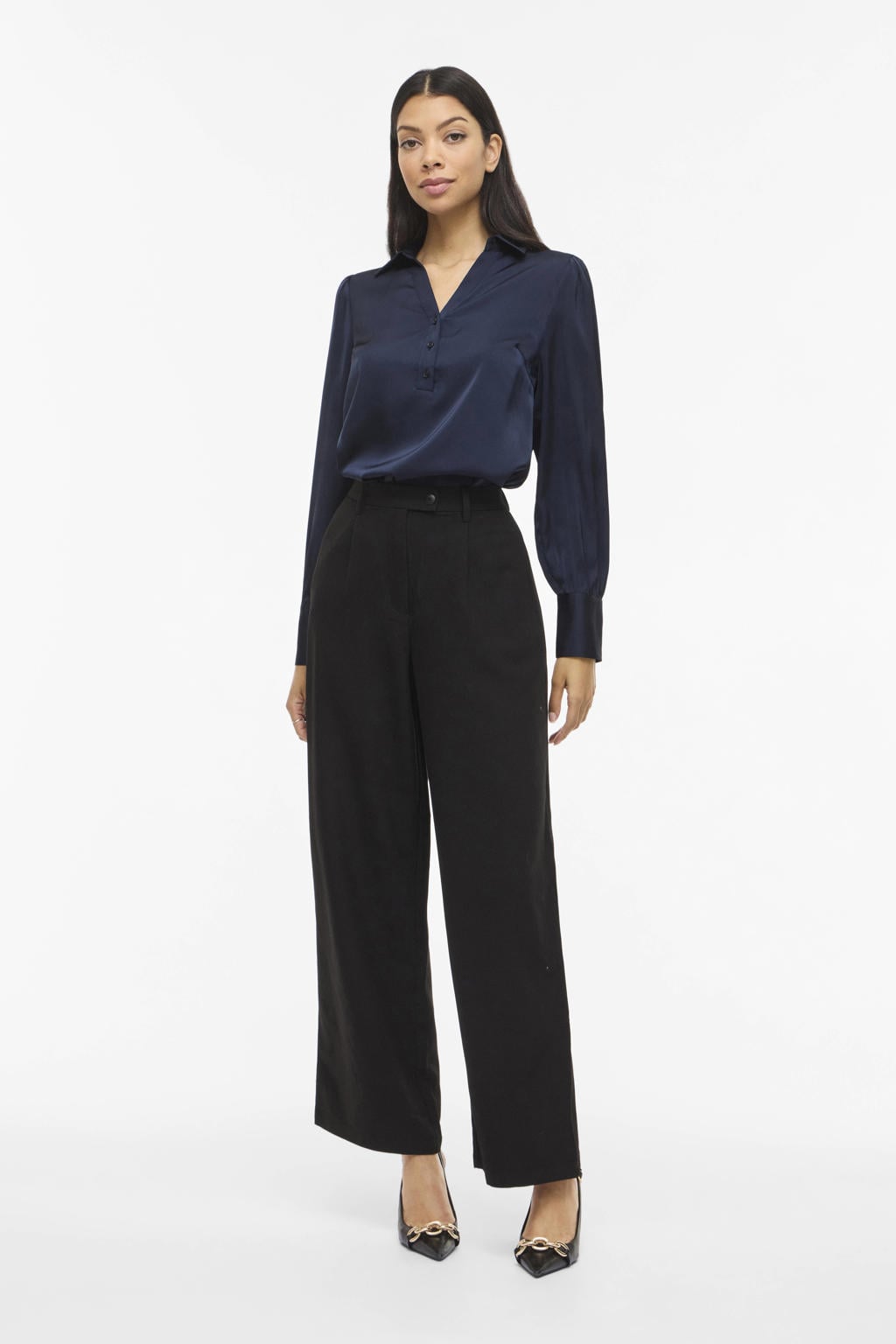 Marineblauw dames VILA blousetop blauw van polyester met effen, korte mouwen en V-hals