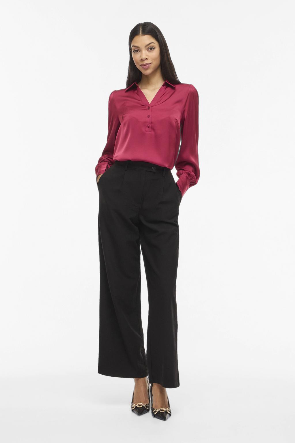 Donkerpaarse dames VILA blousetop van polyester met effen, korte mouwen en V-hals