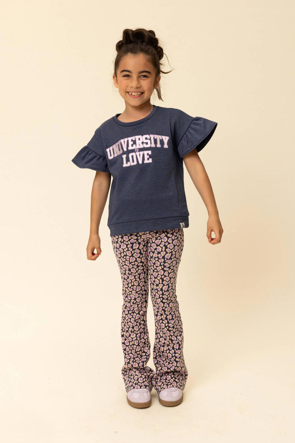 Lila en zalmkleurige meisjes LOOXS little flared broek van katoen met regular waist, elastische tailleband en dierenprint