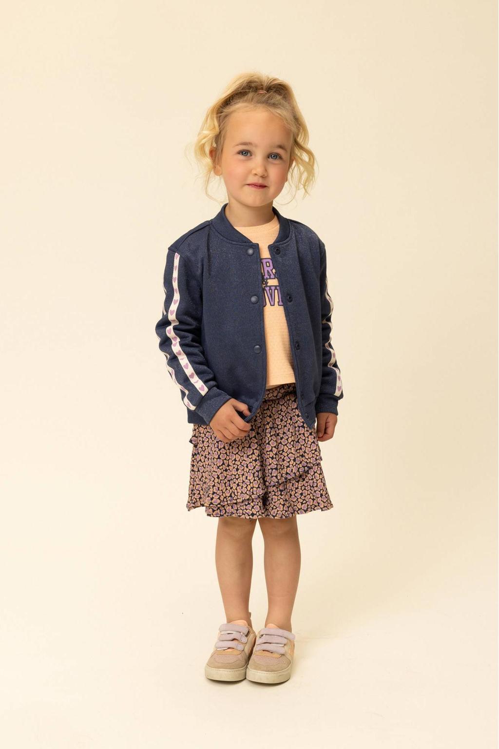 Donkerblauw, lila en witte meisjes LOOXS little jasje voor binnen van katoen met backprint, lange mouwen, ronde hals, drukknoopsluiting en contrast bies