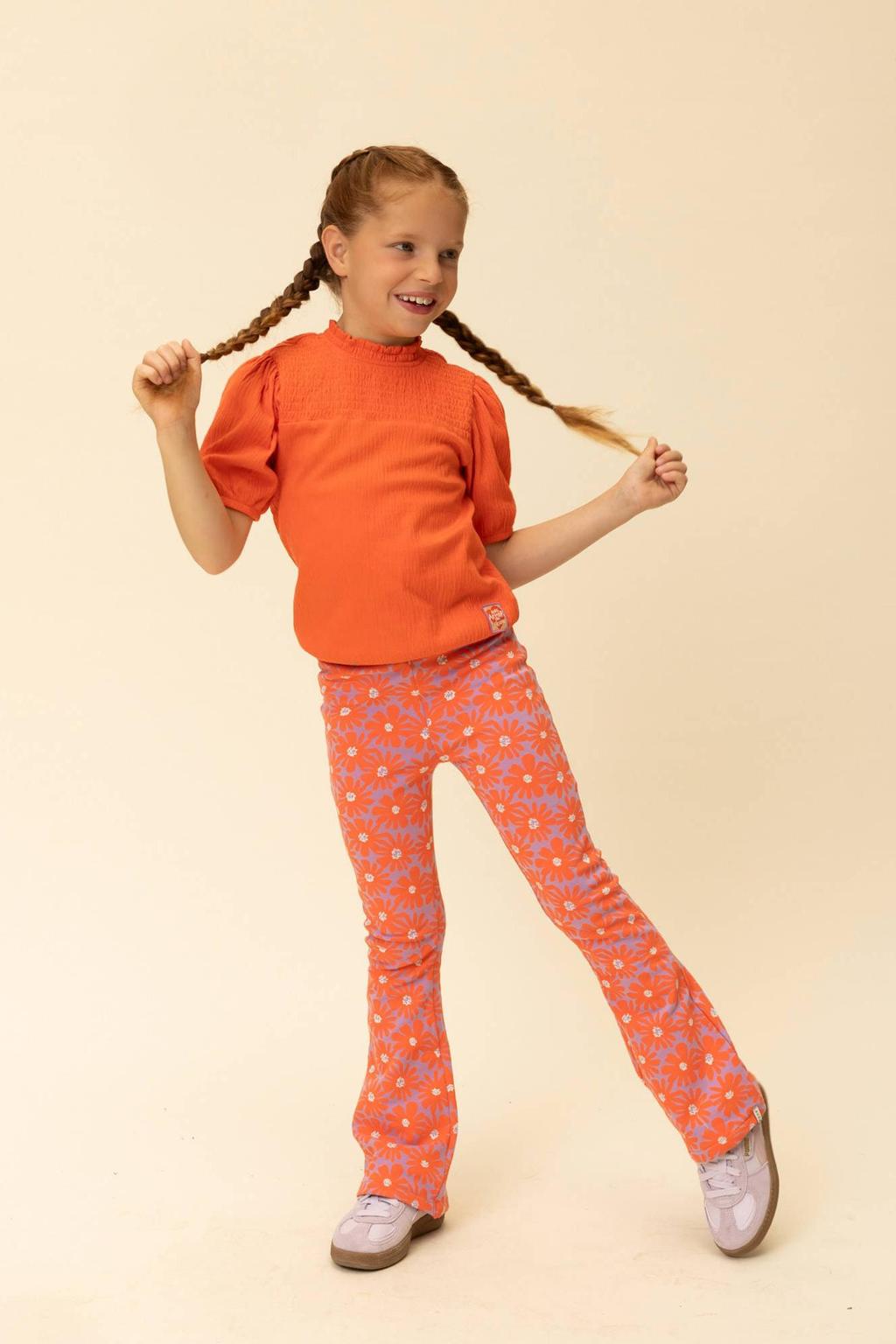 Koraalrode meisjes LOOXS little T-shirt van katoen met effen, half lange mouwen, opstaande kraag en crinkle cotton