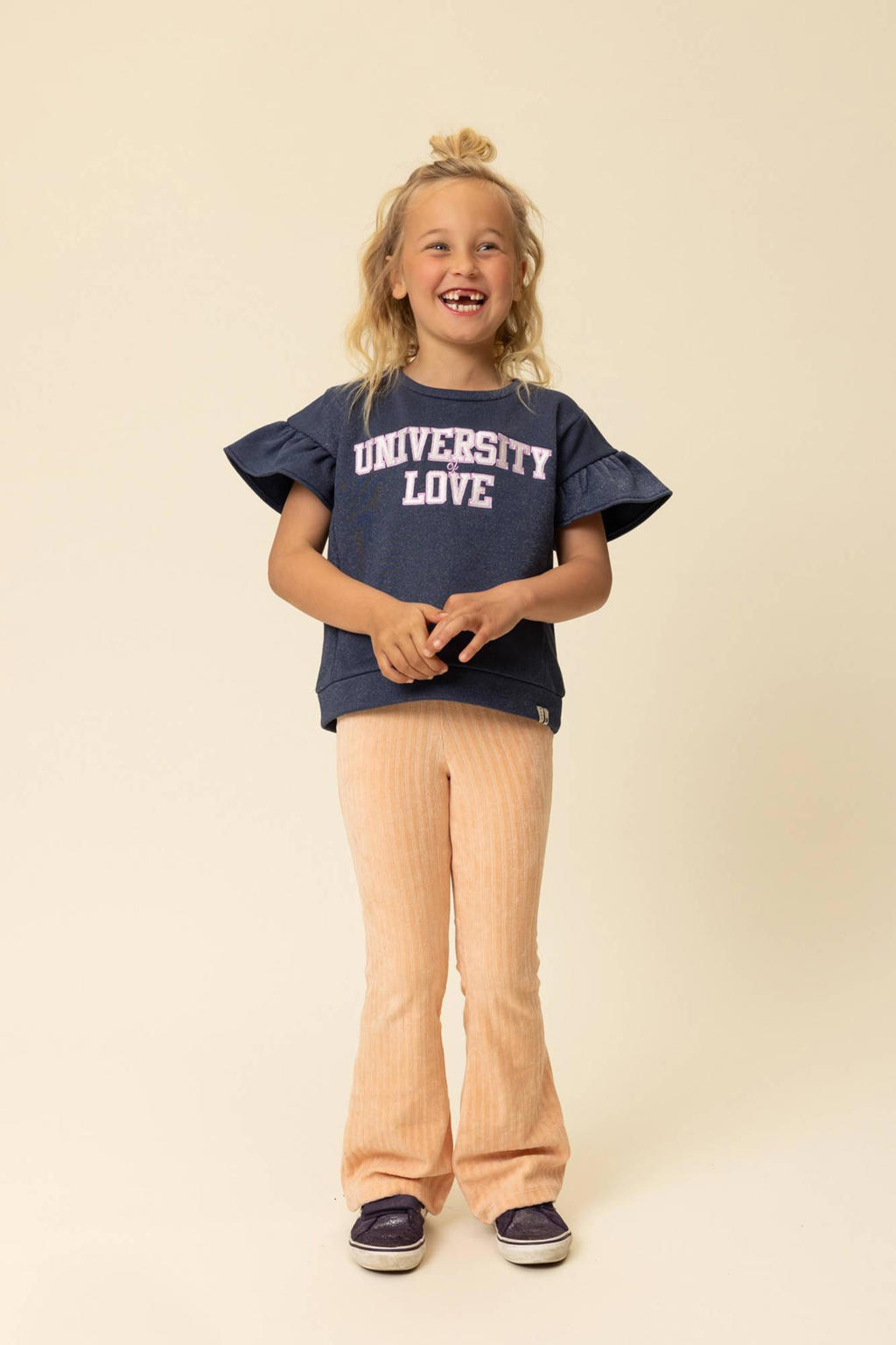 Donkerblauw, lila en witte meisjes LOOXS little T-shirt van katoen met tekst print, korte mouwen, ronde hals en contrast bies