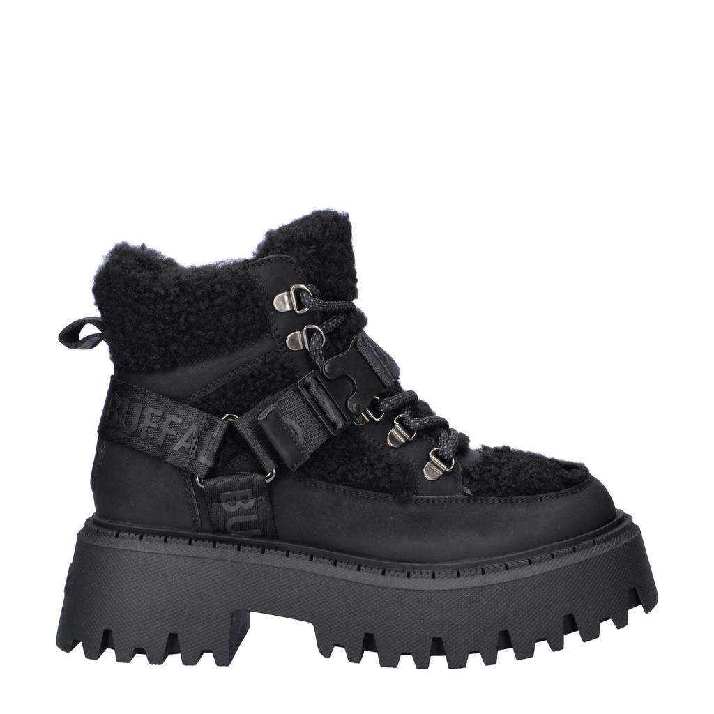 Zwarte dames Buffalo Aspen Com Mid Warm gevoerde chunky veterboots van suèdine