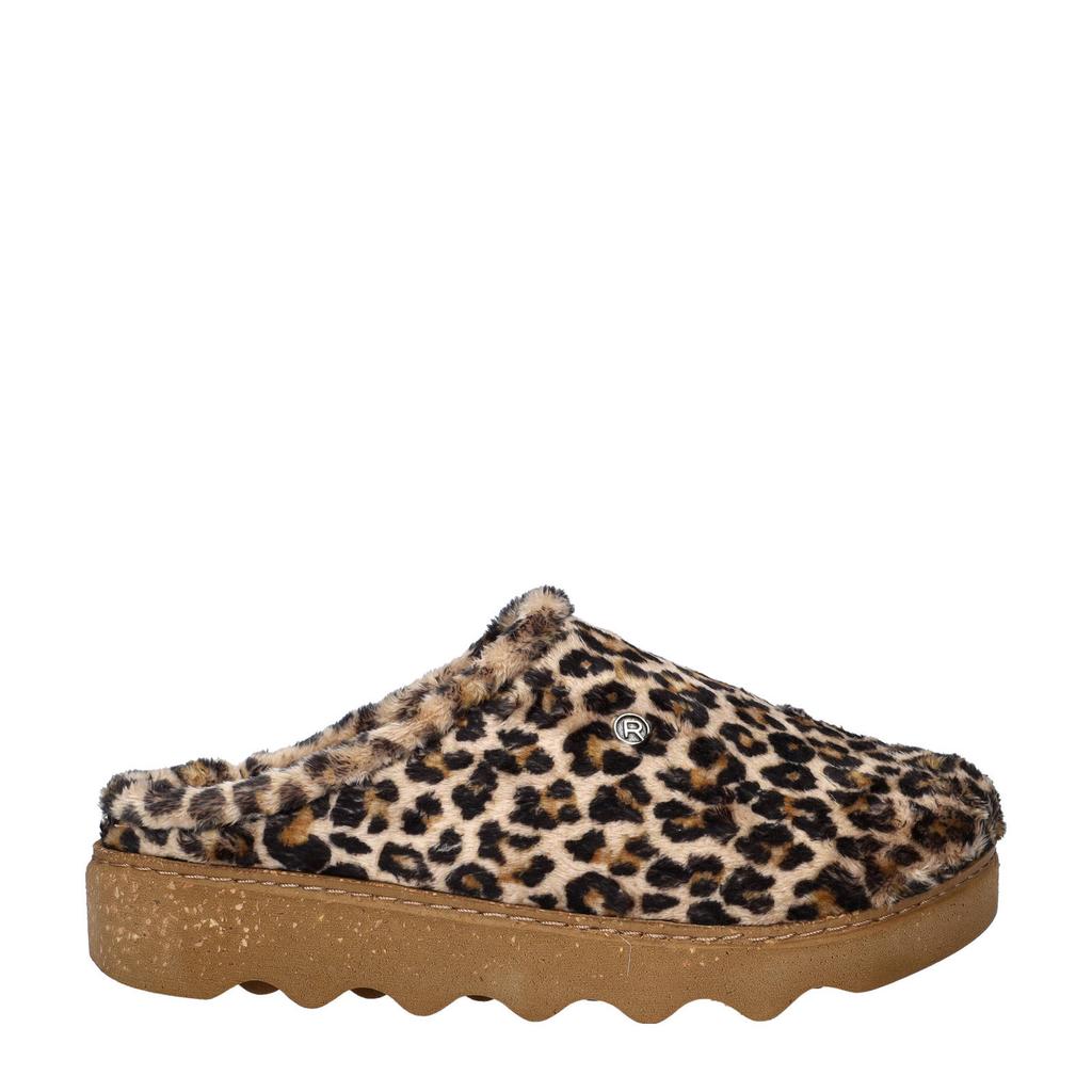 Beige en zwarte dames Rohde pantoffels van vacht met panterprint