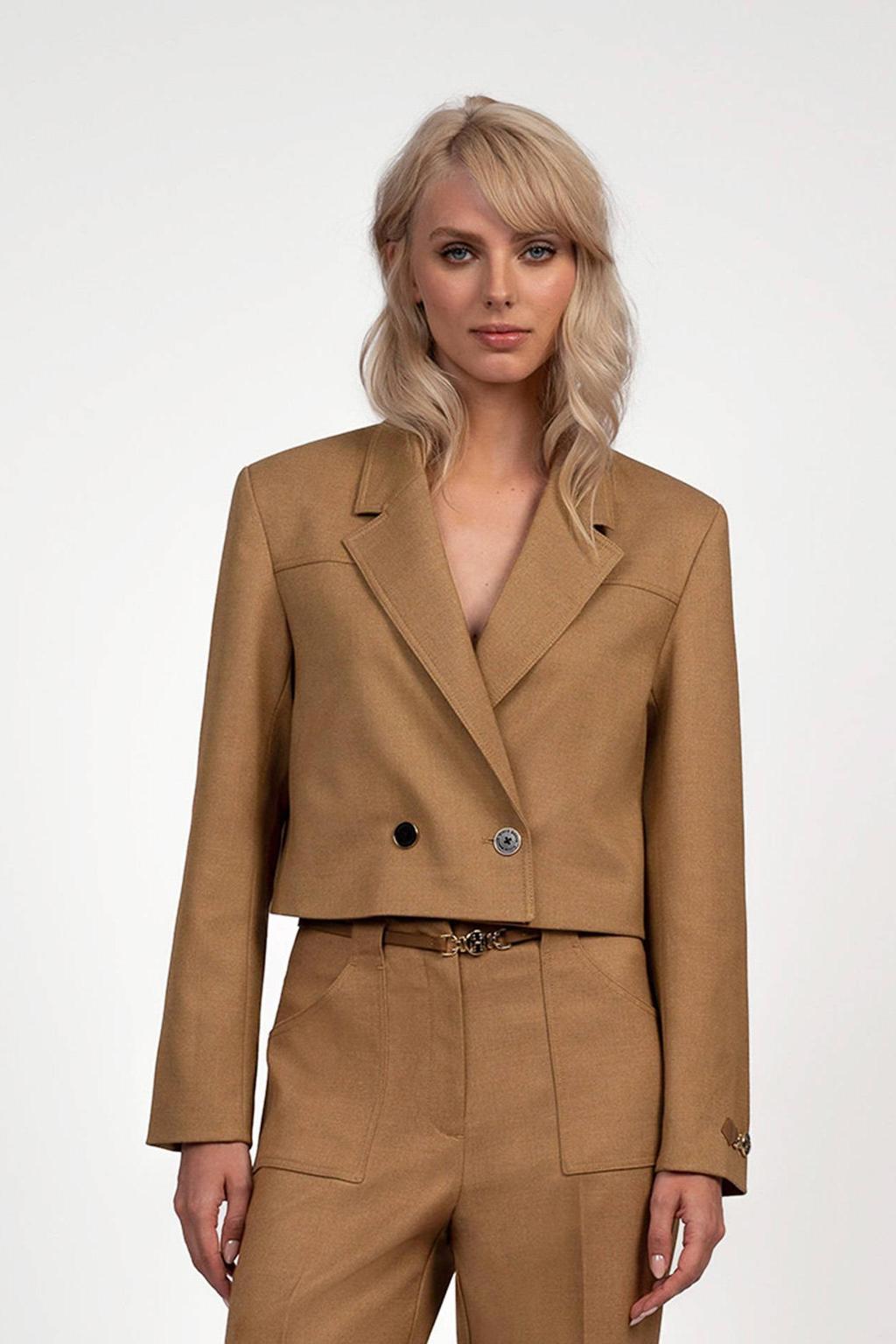 Camelkleurige dames Fifth House cropped blazer van polyester met effen, lange mouwen, reverskraag en knoopsluiting