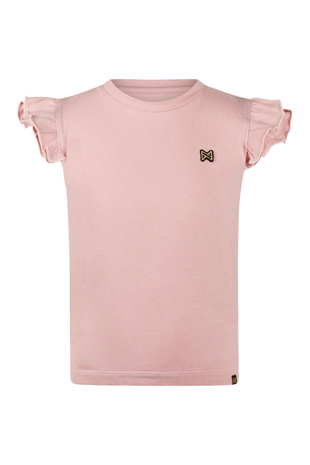 Roze meisjes Koko Noko T-shirt van katoen met effen, korte mouwen, ronde hals en ruches