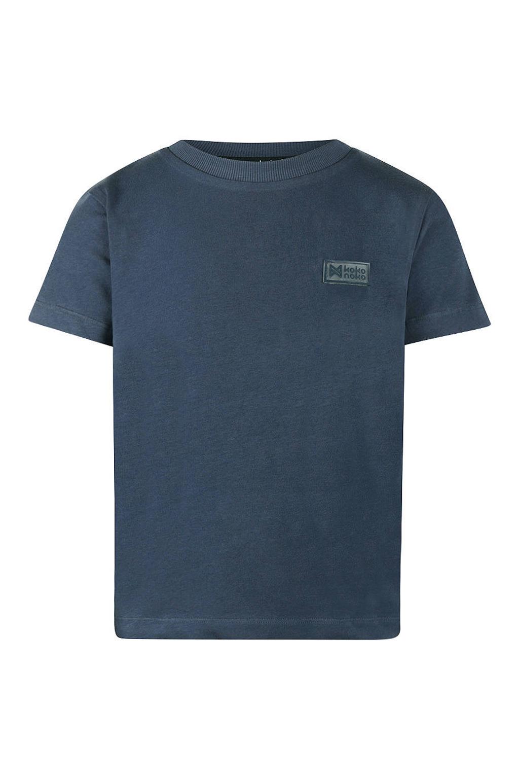 Donkerblauwe jongens Koko Noko T-shirt van katoen met effen, korte mouwen en ronde hals