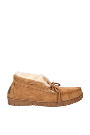 suède pantoffels cognac