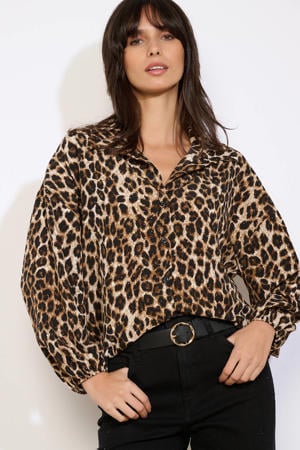 blouse met panterprint bruin