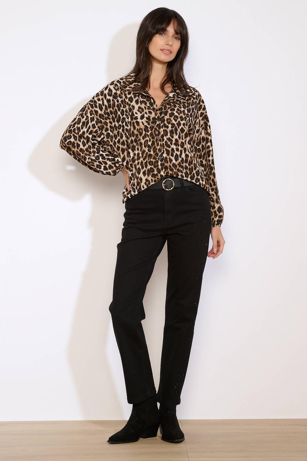 Bruine dames LOLALIZA blouse van polyester met dierenprint, lange mouwen, klassieke kraag en knoopsluiting