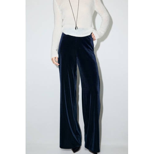 Mango fluwelen wide leg high waist broek donkerblauw afbeelding