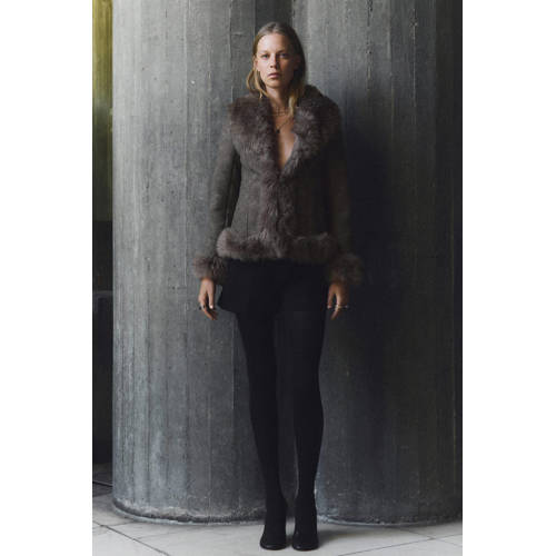 Mango suede faux fur jas grijs afbeelding