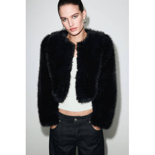 Mango faux fur jas zwart afbeelding