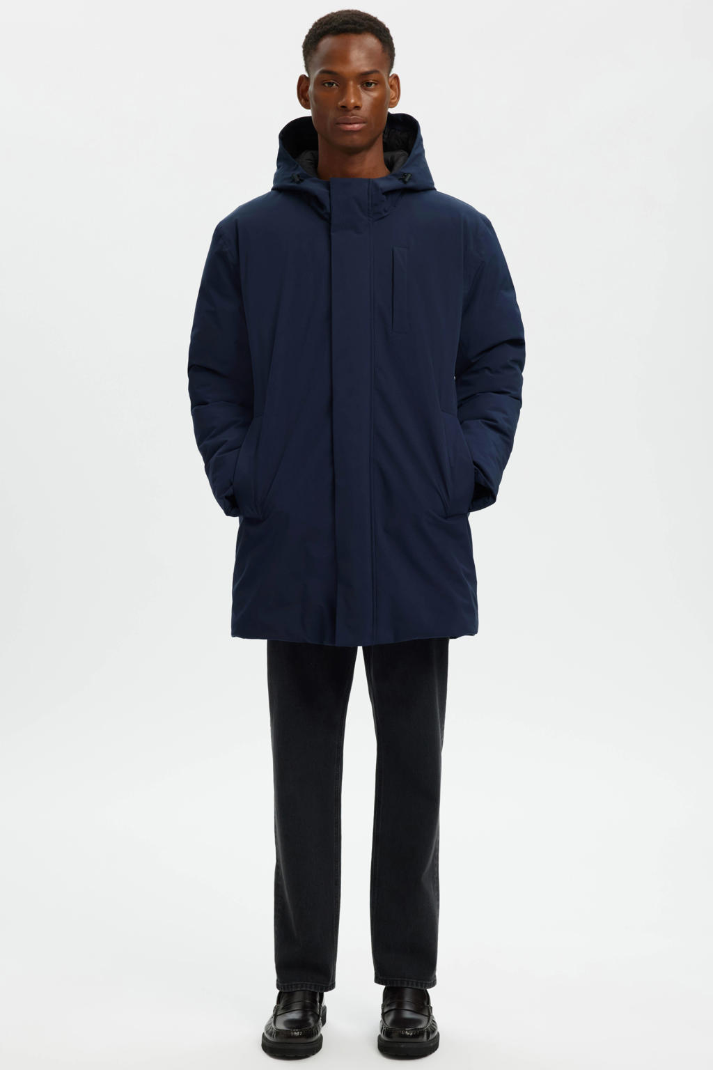 Donkerblauwe heren Selected parka van polyester met effen, lange mouwen, capuchon en 2-way rits met windvanger